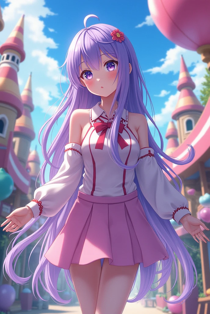 one girl,anime girl,long hair purple pink and white,white eye,theme park