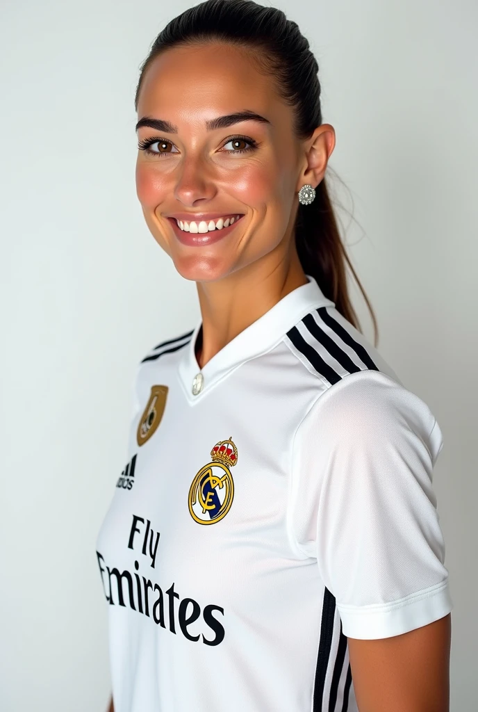 Gal Gadot posing and smiling in the animated Real Madrid uniform