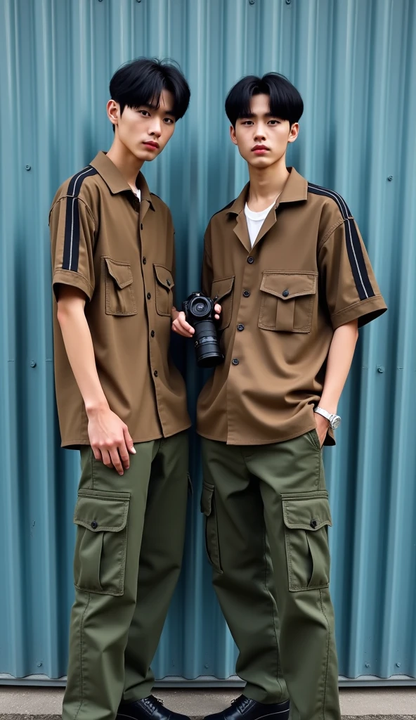 photo realist, super realistico, 2 Korean boy, shaved black hair, beautiful  face, pretty lips, strong bodie, and muscular, wearing a brown shirt with black stripes, wearing swamp green cargo pants, wearing shoes, holding a camera as if taking a picture, taking a picture with a camera, fully body, standing, blue and gray striped wall background, photographic essay, KPOP Idol

