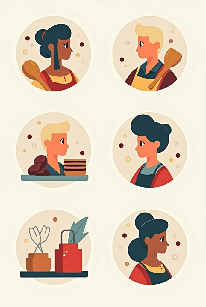 Bonjour, pouvez-vous s'il vous plaît dessiner 6 badges différents pour la cuisine, la pâtisserie, la technique dentaire, la couture et la coiffure