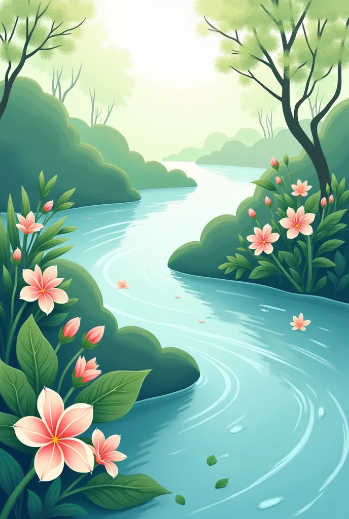 The design is inspired by the gently flowing flow of a river.、Create an abstract illustration。
The river、Expressed in blue and green gradations、In the surrounding area、Arrange flowers and green leaves、A calm and gentle atmosphere。