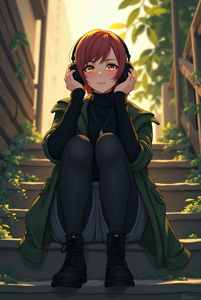 Anime-style illustration of Ellie Williams, gorgeous auburn hair gracefully framing a perfect face, expressive eyes sparkling with emotion, clad in a stylish ensemble, black Dr. Martens boots complementing her black leggings, grey skirt adding a soft contrast, green M65 jacket draped over a snug black funnel-neck sweater, all elements showcasing high-quality character design, sitting casually on rustic stairs, deeply immersed in music with headphones enveloping her ears, capturing a moment of tranquil solitude, vibrant colors enhancing the richness of her attire, harmonious blending of detailed textures and shading to bring out the fabric's qualities, warm sunlight filtering through, casting gentle highlights on her features, subtle reflections in her eyes depth of character, dynamic pose conveying relaxation juxtaposed with the intensity of the character’s emotional journey, intricate details in the staircase background ensuring focus remains on Ellie while providing context, anime aesthetic portraying her in an emotional yet relatable light, evoking connection with viewers, creating a masterpiece blending style, quality, and expression through vibrant imagery and masterful design techniques