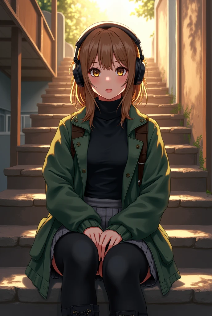 Anime-style illustration of Ellie Williams, gorgeous auburn hair gracefully framing a perfect face, expressive eyes sparkling with emotion, clad in a stylish ensemble, black Dr. Martens boots complementing her black leggings, grey skirt adding a soft contrast, green M65 jacket draped over a snug black funnel-neck sweater, all elements showcasing high-quality character design, sitting casually on rustic stairs, deeply immersed in music with headphones enveloping her ears, capturing a moment of tranquil solitude, vibrant colors enhancing the richness of her attire, harmonious blending of detailed textures and shading to bring out the fabric's qualities, warm sunlight filtering through, casting gentle highlights on her features, subtle reflections in her eyes depth of character, dynamic pose conveying relaxation juxtaposed with the intensity of the character’s emotional journey, intricate details in the staircase background ensuring focus remains on Ellie while providing context, anime aesthetic portraying her in an emotional yet relatable light, evoking connection with viewers, creating a masterpiece blending style, quality, and expression through vibrant imagery and masterful design techniques