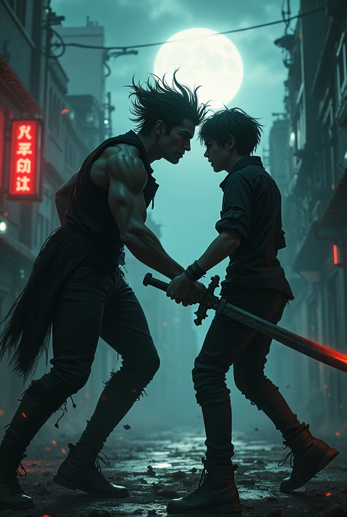 Angry emo boy kills handsome muscular man with his sword