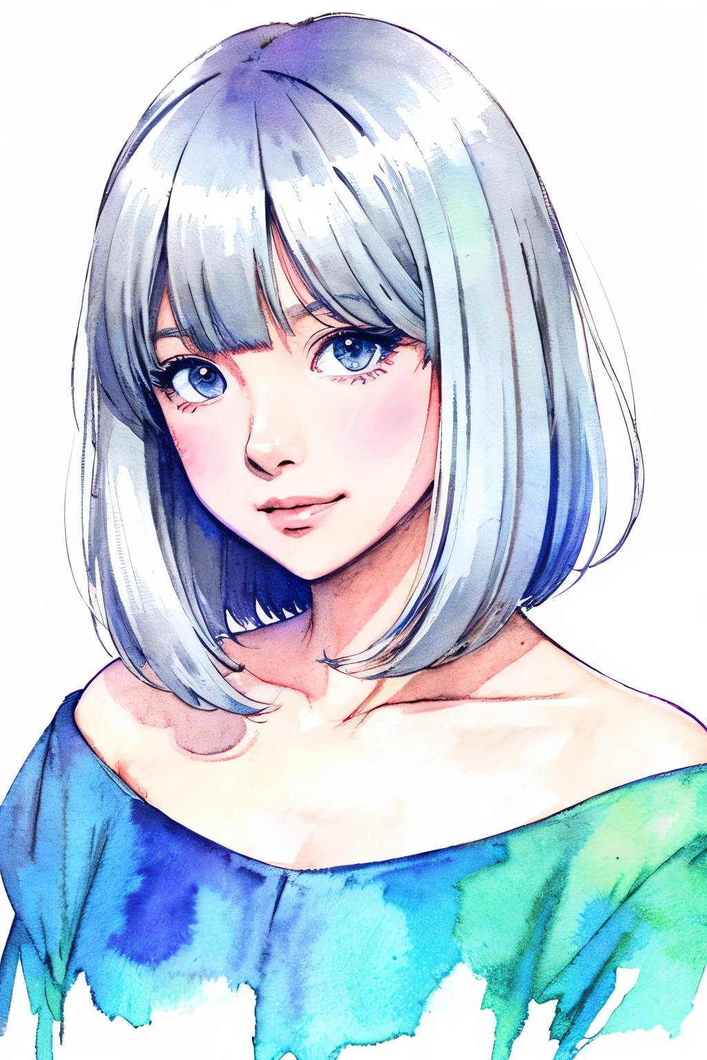 Watercolor、(Illustration style)、(Showa Anime)、Woman looking this way、(highest quality)、Stylish, detailed background、bob length Hair, silver hair color, Japanese girl
