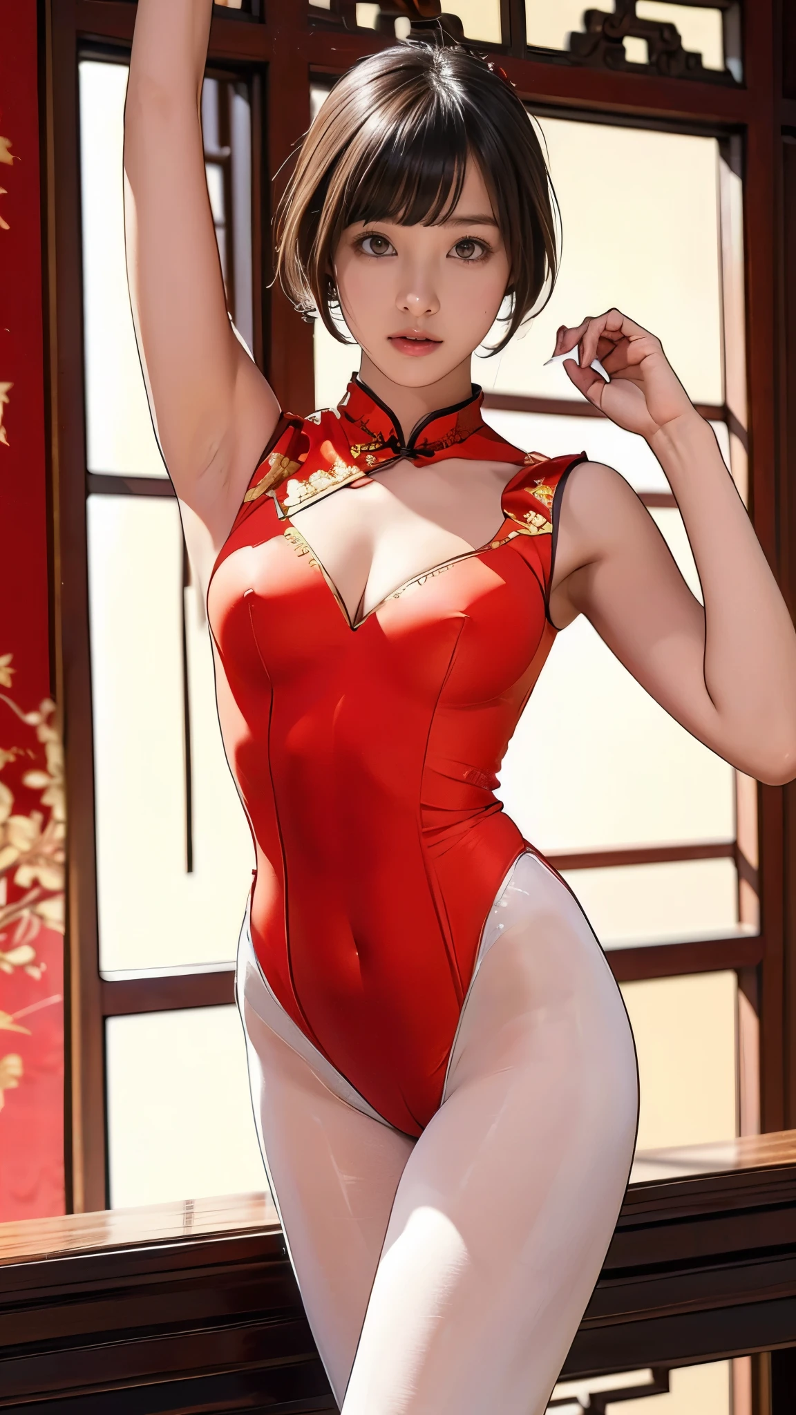 (masterpiece, Highest quality:1.2)、High resolution、:1.4、Very slim:1.5、Very thin waist:1.4、Beautiful breasts、Raise your arms:1.3、Show your armpits:1.3、harem、Chinese restaurant、((((China dress、leotard type))))、Bobcut