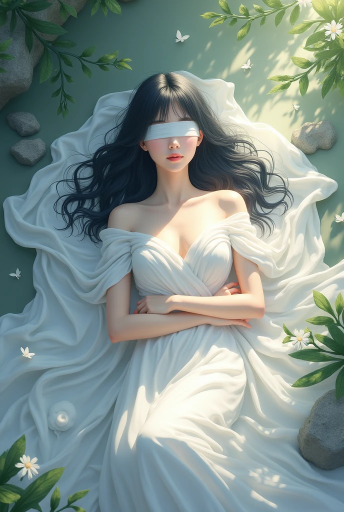 An goddess, with a white dress with a white blind fold, with medium black hair laying on a ground(small image