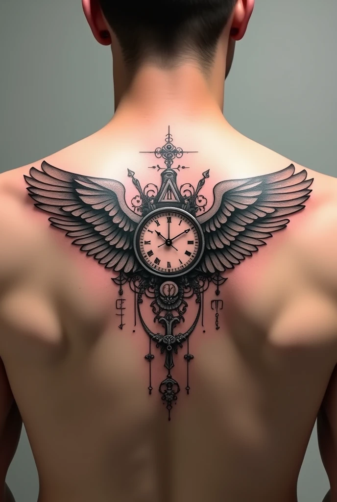 Small upper back Wing tatoo with clock, rune words for man