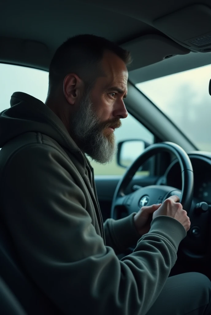 30 year old man with beard sitting in car with regretful expression
