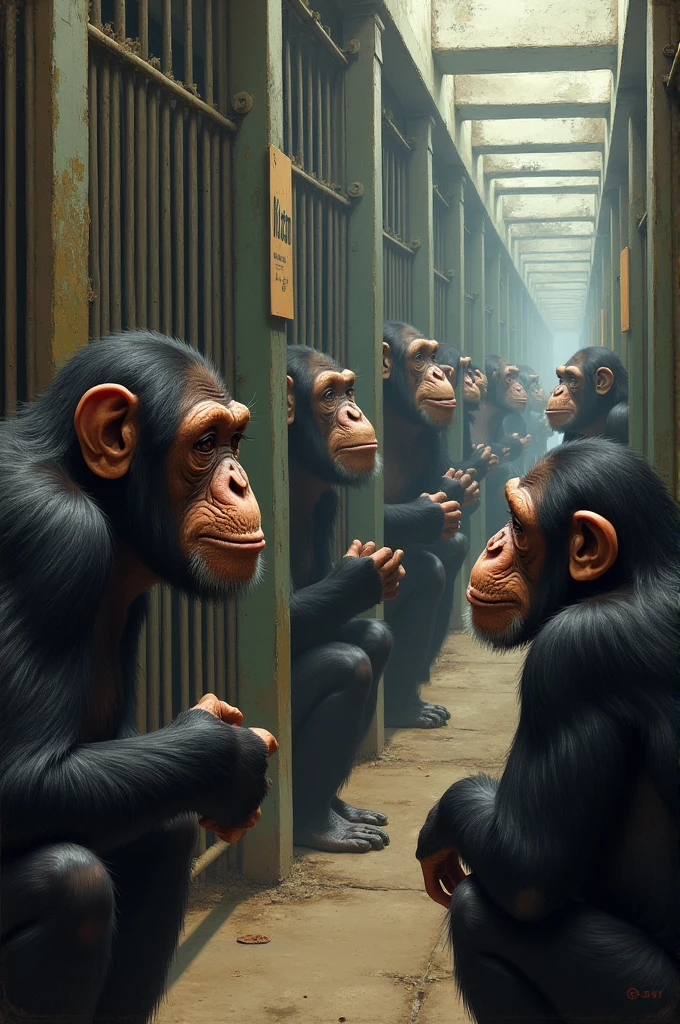 Chimpanzees visiting a zoo with humans in cages.