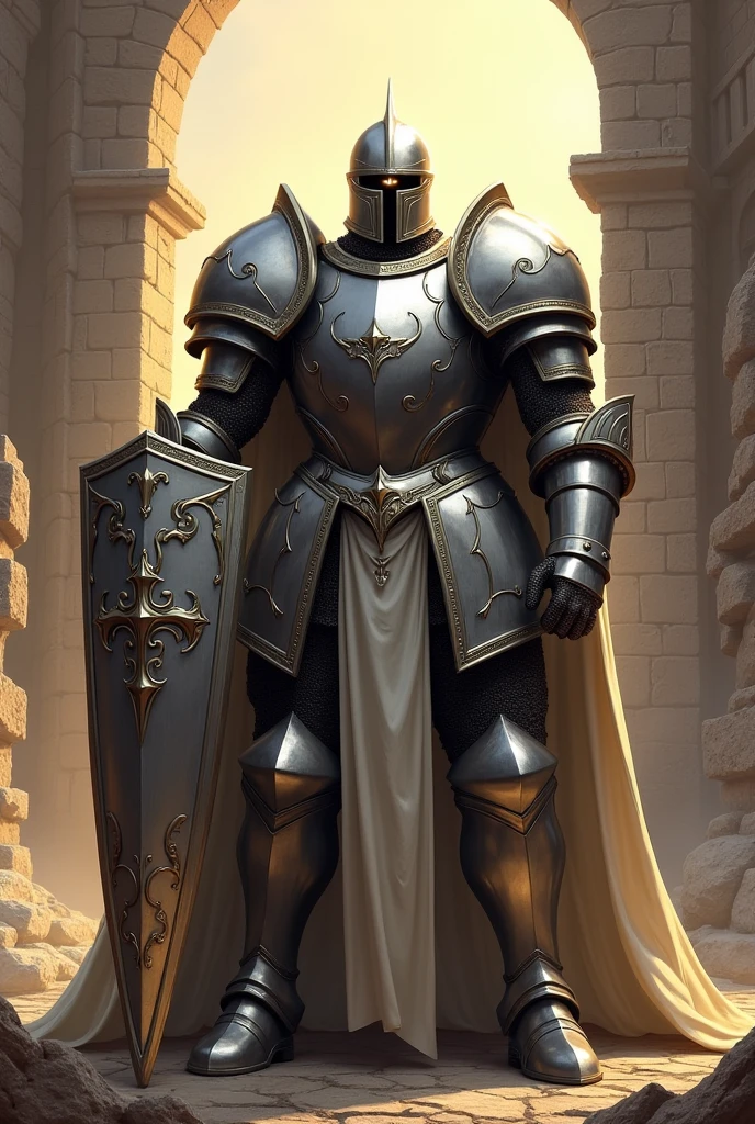 "Create an image of a heavily armored knight named Ironclad, wearing shining silver plate armor with a massive shield. He stands in front of a crumbling castle wall, with sunlight gleaming off his armor. His special power, 'Iron Wall,' is written in a bold, blocky font below the image. The tone is heroic and steadfast."