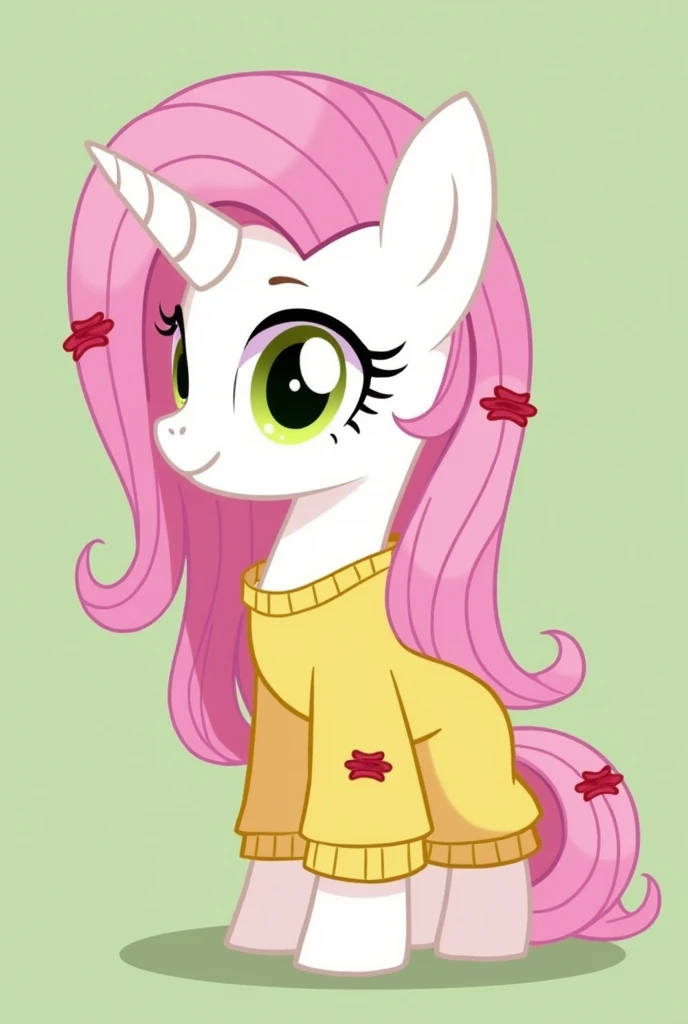 Create My Little Pony: Friendship is Magic Oc that's a short and stout unicorn with a stubby short horn hidden away in her long Bistre mane, which covers her left eye with a single Mulberry streak. She sported two red hair clips fastened to her mane near her muzzle. Her somewhat short tail also had two Mulberry streaks. She was dressed in a loose yellow sweater dress. Her coat was a albescent white, and her eyes were an olive green.