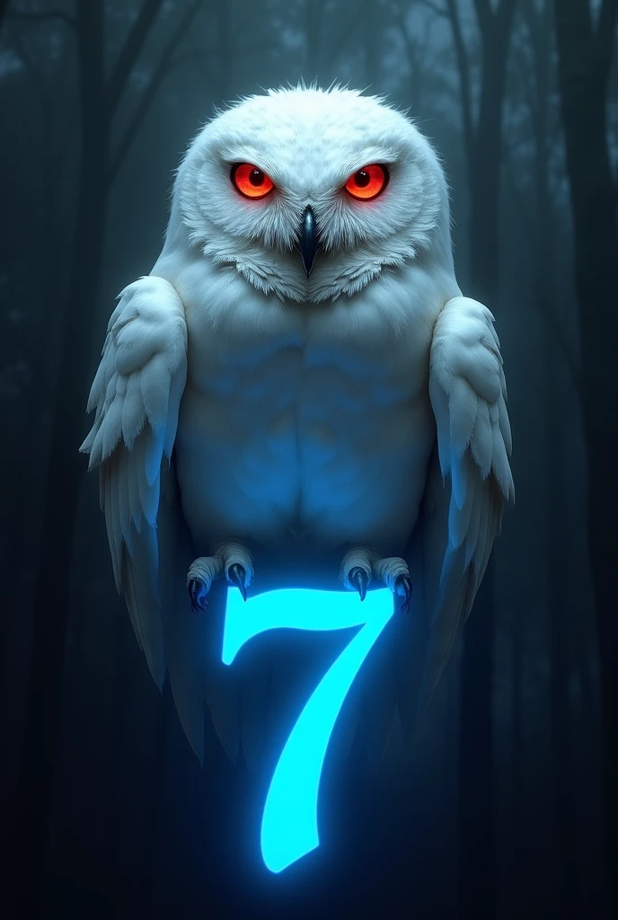 A white owl with red eyes, with a bad face, above the blue letter Y and the blue number 7.