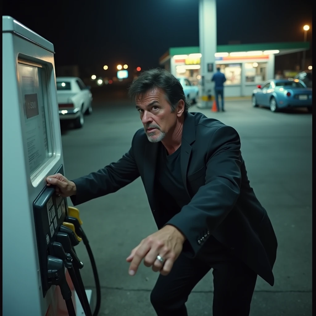 CCTV footage from a gas station where Sylvester Stallone is hitting a gas pump