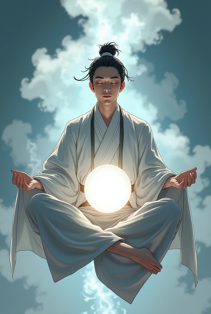 a man sitting, but floating in the air in a Chinese style cultivation posture, with a circular white globe of light between your two hands and smoke coming out of your back. Make it anime-style. make one hand go up and the other down, not left and right.