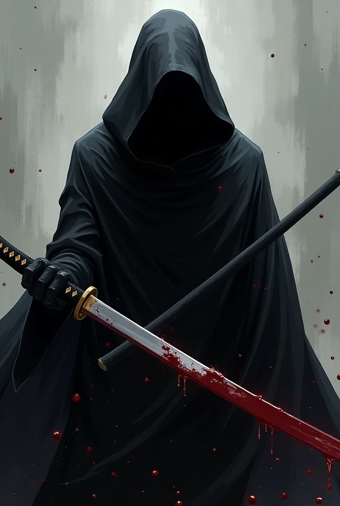 Guy with black hooded cloth holding a katana with blood in a full size image in anime style