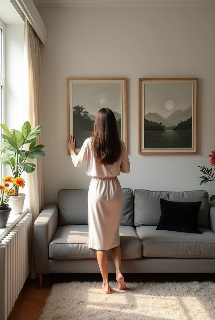 A Brazilian woman from behind aligning two paintings measuring 60 cm by 80 cm on the wall above a modern gray sofa with a black cushion
, small apartment room, well lit and with flowers and carpet

