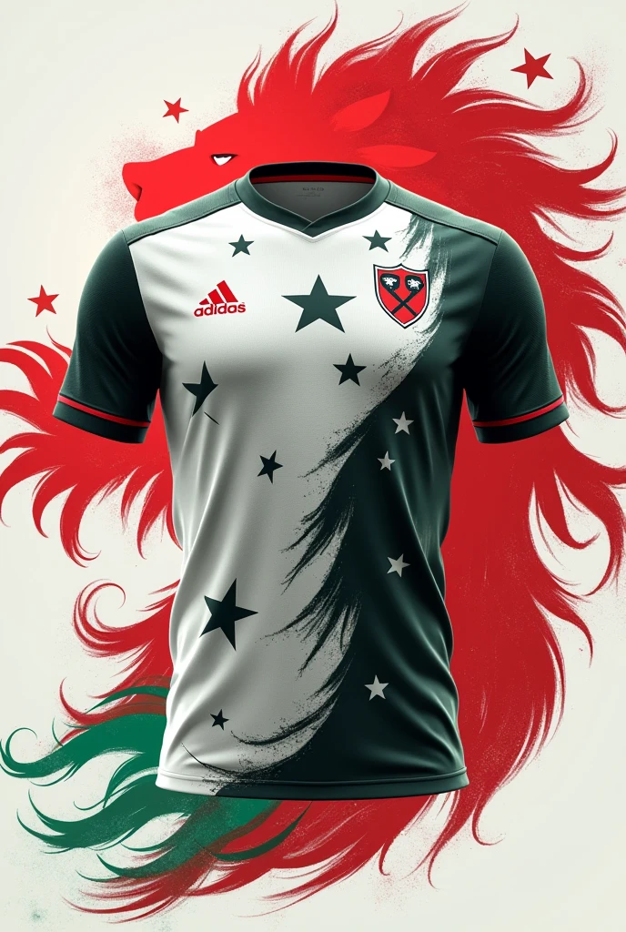 White stars themed national football team jersey using white, red, black and green colours with a lion print in the background