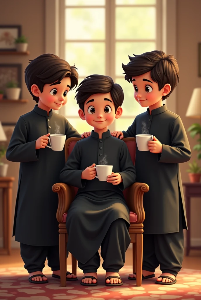 middle boy is sitting on a chair and two boys are standing. Everyone should have a cup of tea in their hands. All should wear black shalwar kameez. Have smiling faces and happy faces.