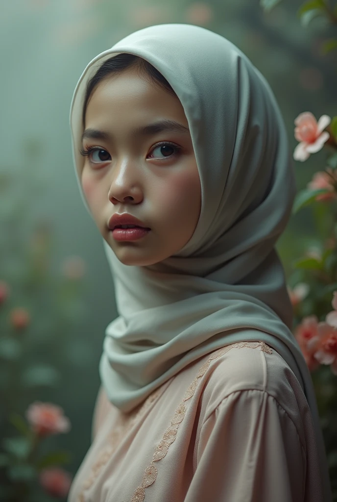 1 malay girl , modern plain hijab, shy, medium portrait shot , watery eyes ,droopy eyes, watery, lip glossy, sad face, ((big breast)), wear java wedding woman in kebaya , (big breast) , flower garden background, bokeh background, proportional body,