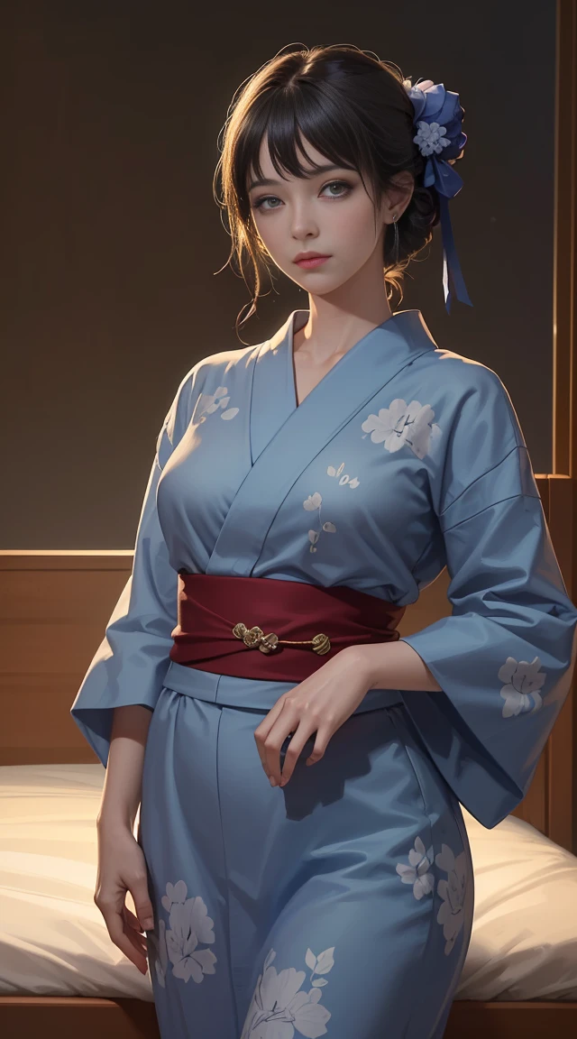 (masterpiece,Super detailed,8K,highest quality:1.5),((very cute)),best image quality, two dimensional beauty,sensual figure,intricate details,charm, realistic texture, charmな,(moonlight、Firefly Light:1.3),(Wearing a blue yukata),bed,(Sleep alone&#39;Came back:1.3)