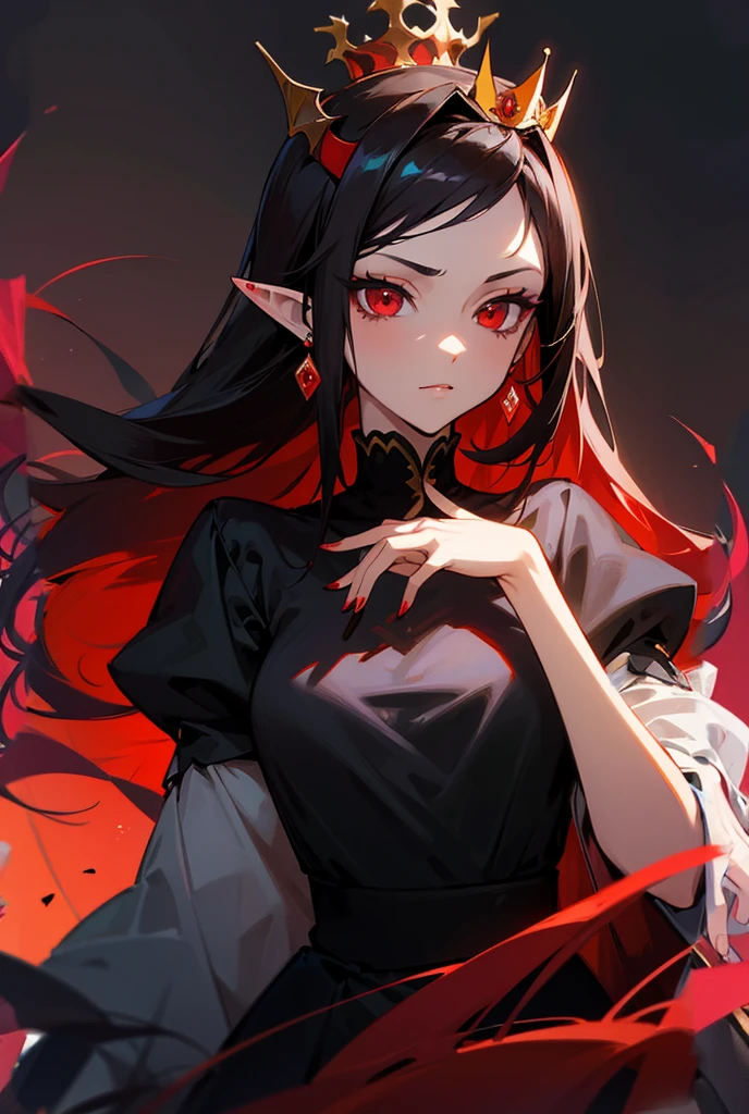 High Resolution, Long Hair, Simple background, Red Eyes, Pointy Ears,Best Quality, Masterpiece, Anatomically Correct, Super Detailed, Earrings, Red Eyes, Jewelry, Hair Ornament, Crown, Tiara, Illustration, Anime, Anime Style, Vampire, Elegant, Elegant clothing, Fancy clothes, Fancy, Royal, Royal clothes, Black clothes, Gothic clothes, crown, elegant hair, elegant makeup, headshot, dark hair, High Resolution,