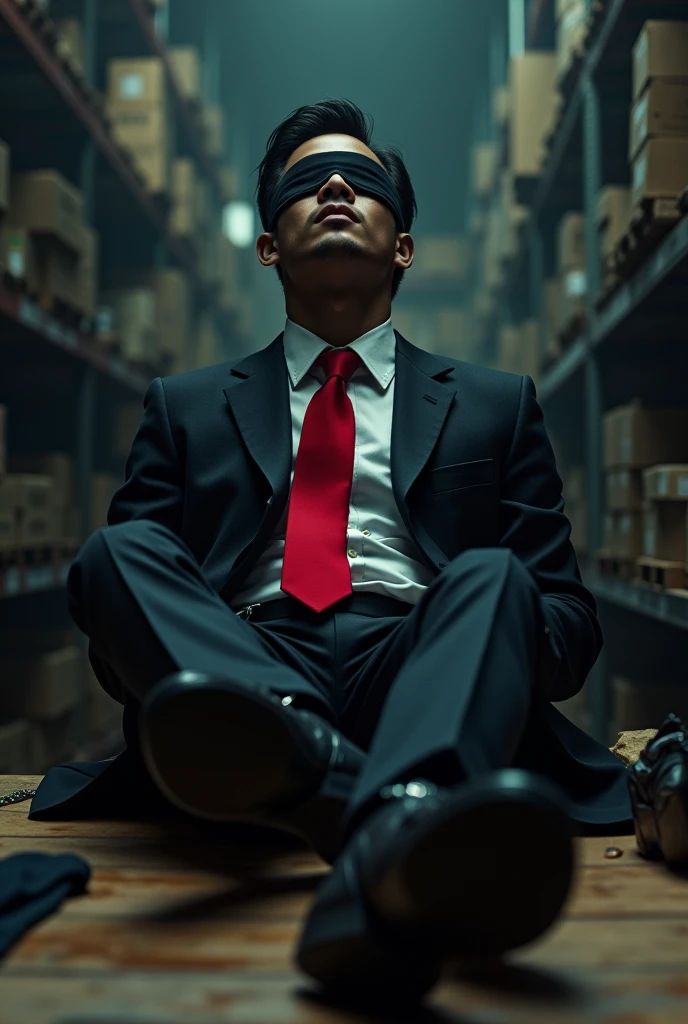 Malaysia malay handsome 19 years celebrity
His handcuff  in warehouse 
Blindfolded
Black Suit and Red tie
feet on desk
feather
shoes on desk 
5 toes each feet 
Black  smelly sock
2 man under his feet
1 man take off  his socks
1  man holding feather tickle his feet 
He laugh very hard