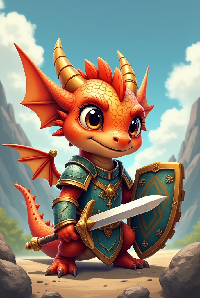 I want a sketch of an animated baby dragon with warrior armor now I do it with a toothpick sword and a shield