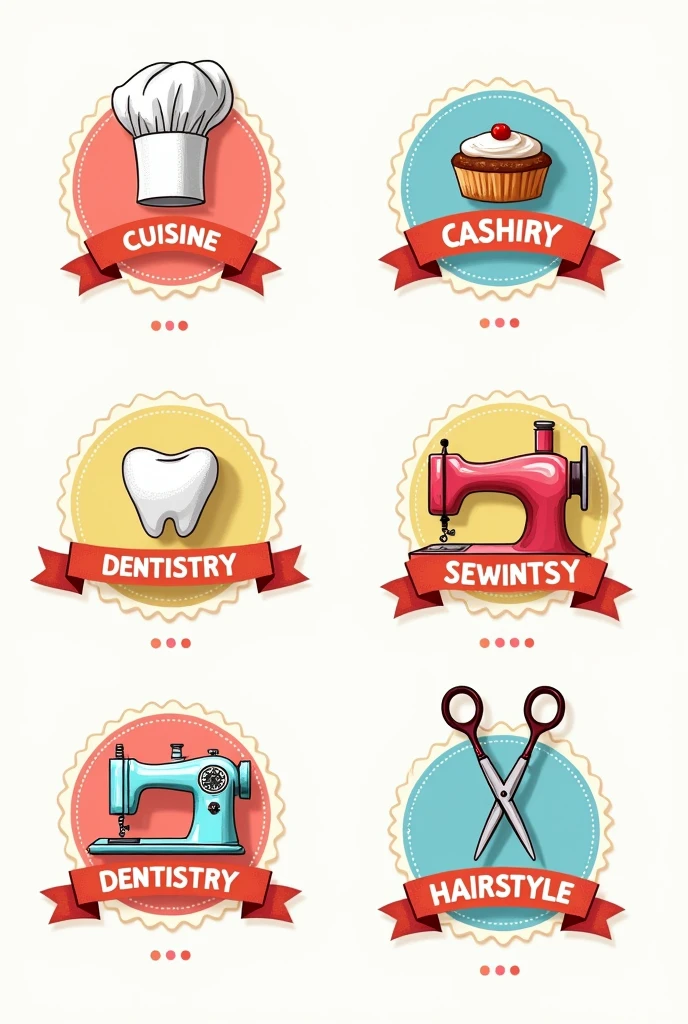 Bonjour, pouvez-vous s'il vous plaît dessiner 6 badges différents pour la cuisine, the pastry, dentistry, la couture et la coiffure et écrire leurs noms sur chaque badge ?