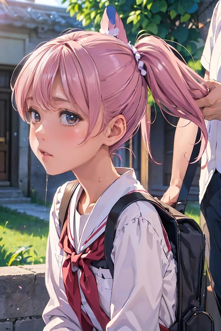 Masterpiece: 1.3), (8K, realistic, RAW photo: 1.4), Japanese, (1 woman), Beautiful face, Round face, Slightly small chin (lively features), (twin tail) Up: 1.3), thin eyebrows, small open mouth,  (realistic skin), beautiful skin, charm, super high resolution, surreal, summer clothes, school uniforms, school bags,nose blush, (Ejaculation on body,  in vagina, (1 man, 1 woman), hair grabbing,grabbing another’s hair,sex from behind,doggystyle、from the side）、 