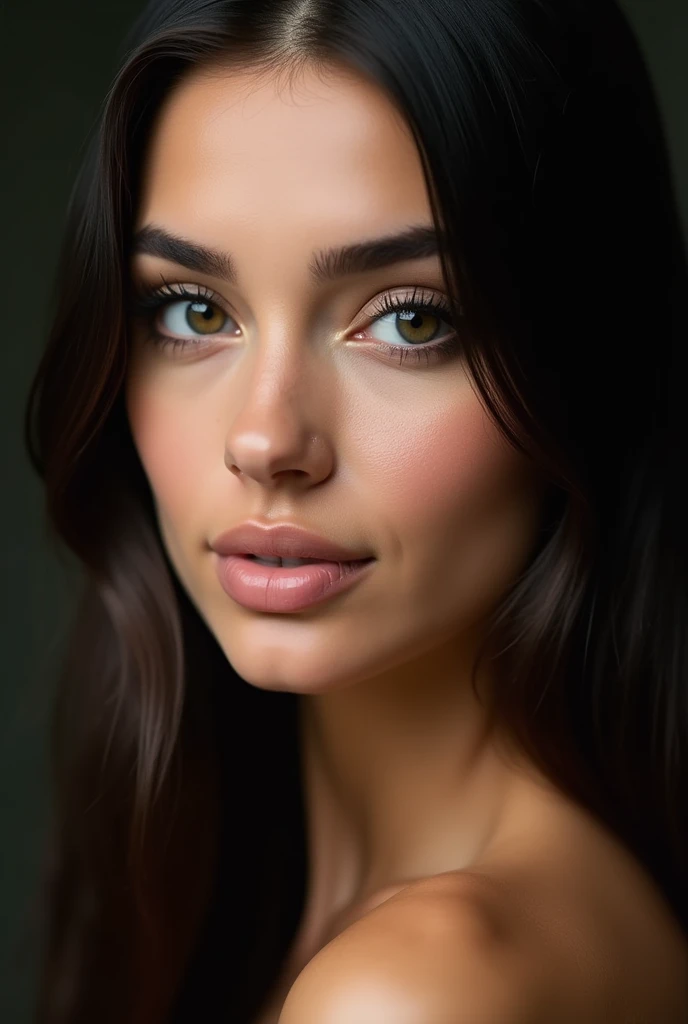 young arabic woman, glamorous gaze, straight dark hair, long eyelashes, small nose, roundish-almond eyes shape, heart face shape, round eyebrows, hyper realistic, photorealistic, close up, studio lightening, facing camera