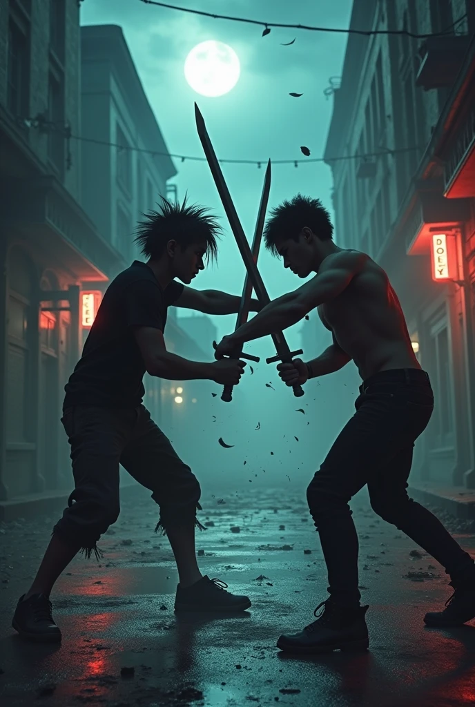 Angry emo boy kills handsome muscular man with his sword