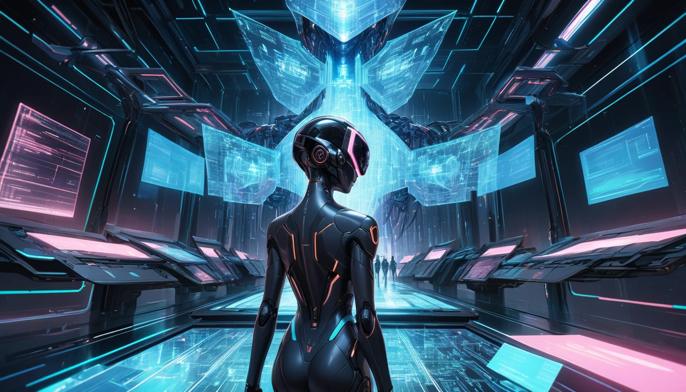 A futuristic AI with a humanoid face, analyzing a complex matrix of data, surrounded by holographic interfaces and cybersecurity defenses in a sleek, high-tech environment.