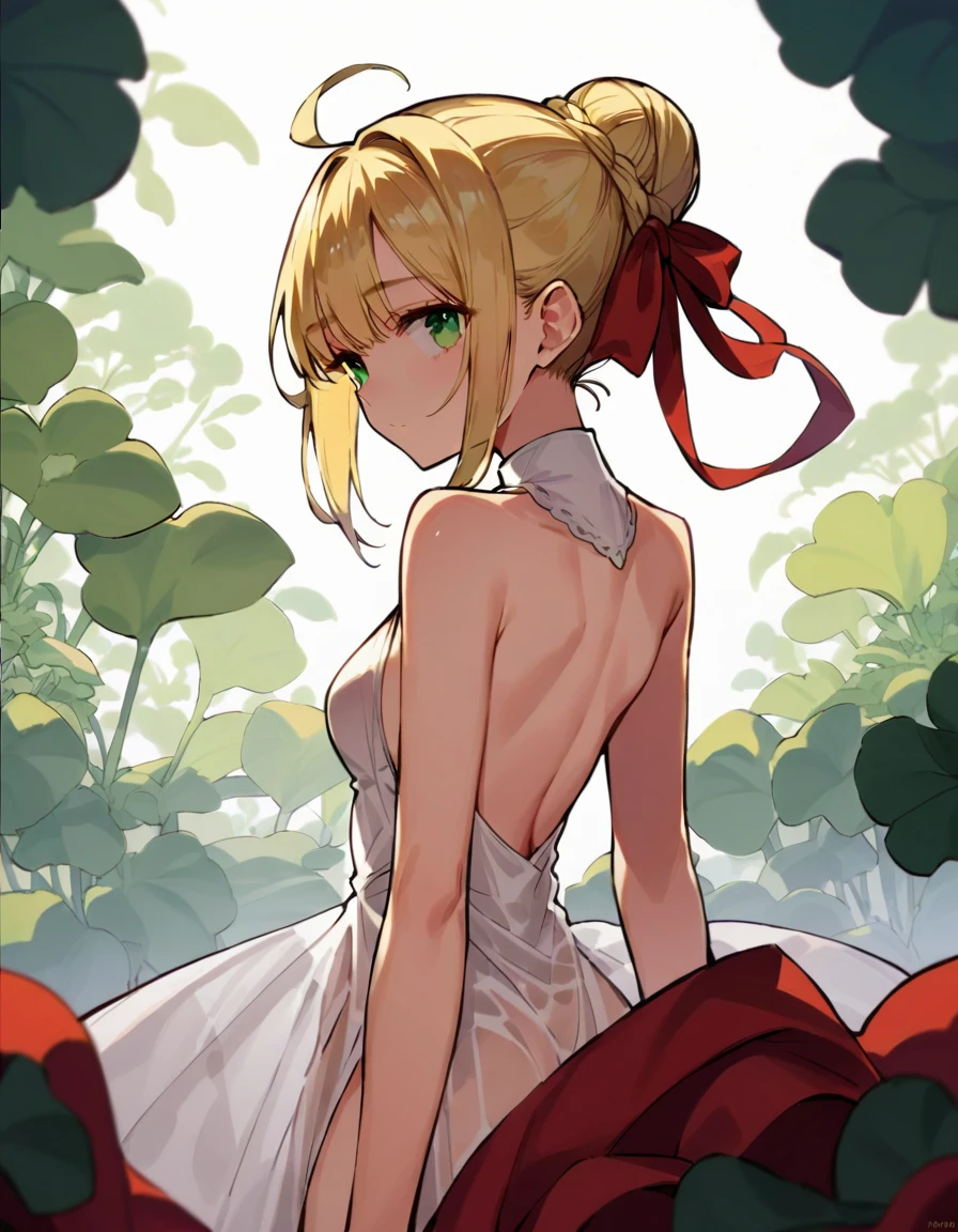 score_9, score_8_up, score_7_up, masterpiece, ultra-detailed, Shiny skin, pretty eyes, Break, 1girl, nsfw,white backless dress, ((translucent clothing)), standing, nero, green eyes, blonde hair, sidelocks, ahoge, single hair bun, french braid, red ribbon, hair ribbon, white background
