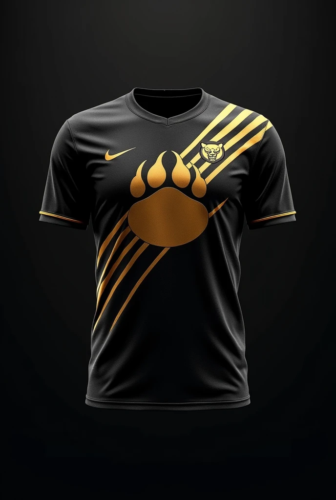 Design a sleek black jersey with a golden panther paw print motif. The jersey features a large, stylized golden paw print on the left chest, with claw marks extending diagonally across the front. The player's number is displayed in a bold gold font in the center. A subtle golden outline of a panther face is placed on the lower right side of the jersey, adding a touch of mystique and agility.