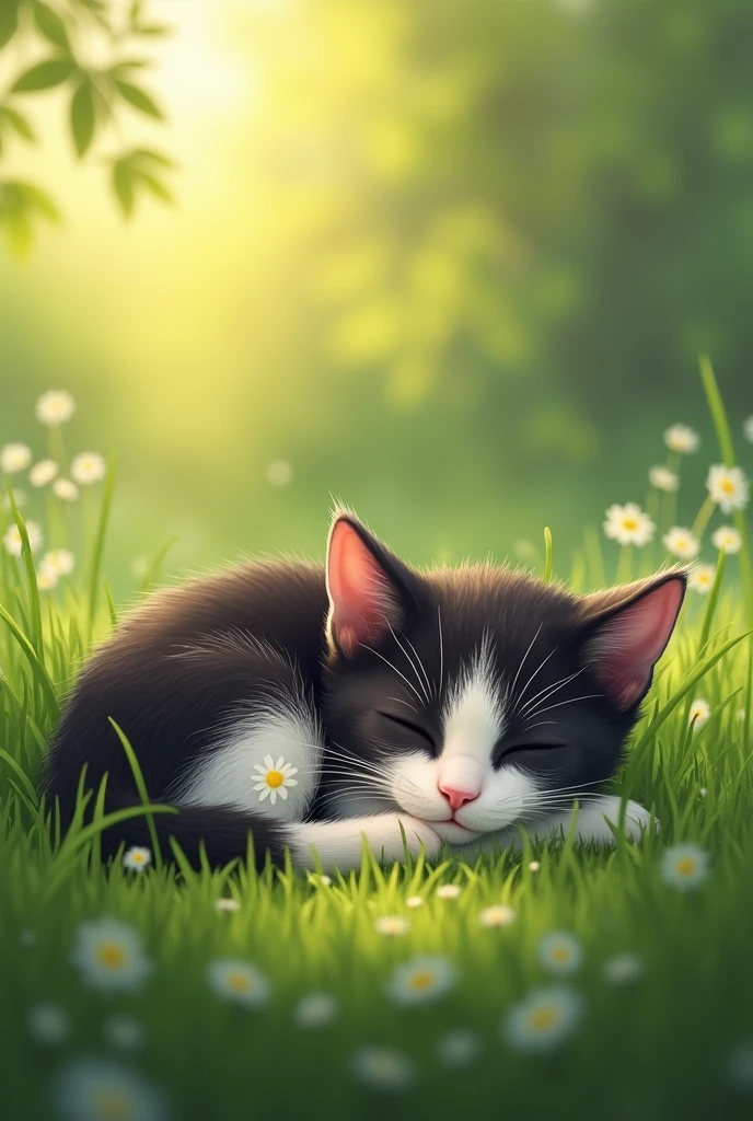 wallpaper, Young cat lying down, The cat's fur is black and white, Daylight Saving Time, Short green grass, short fur, close your eyes, Peaceful atmosphere, perspective, atmospheric high resolution, Highest quality, Attention to detail,