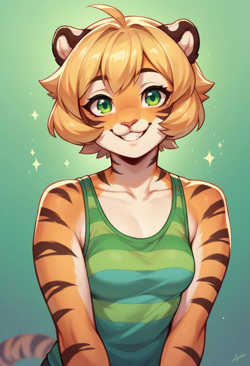 Anthropomorphic, cute, tiger girl, short chic blonde hair, green eyes, hourglass, small breasts, colorful striped tank top, portrait, cheerful smile