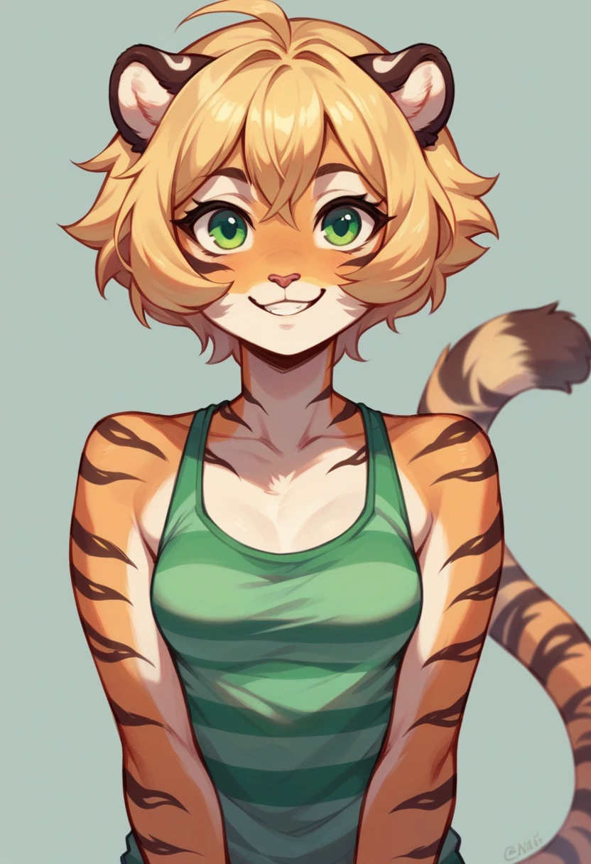 Anthropomorphic, cute, tiger girl, short chic blonde hair, green eyes, hourglass, small breasts, colorful striped tank top, portrait, cheerful smile