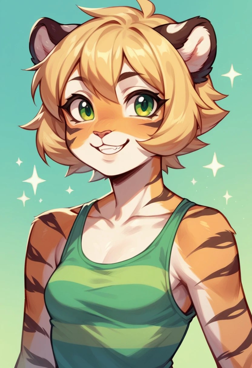 Anthropomorphic, cute, tiger girl, short chic blonde hair, green eyes, hourglass, small , colorful striped tank top, portrait, cheerful smile