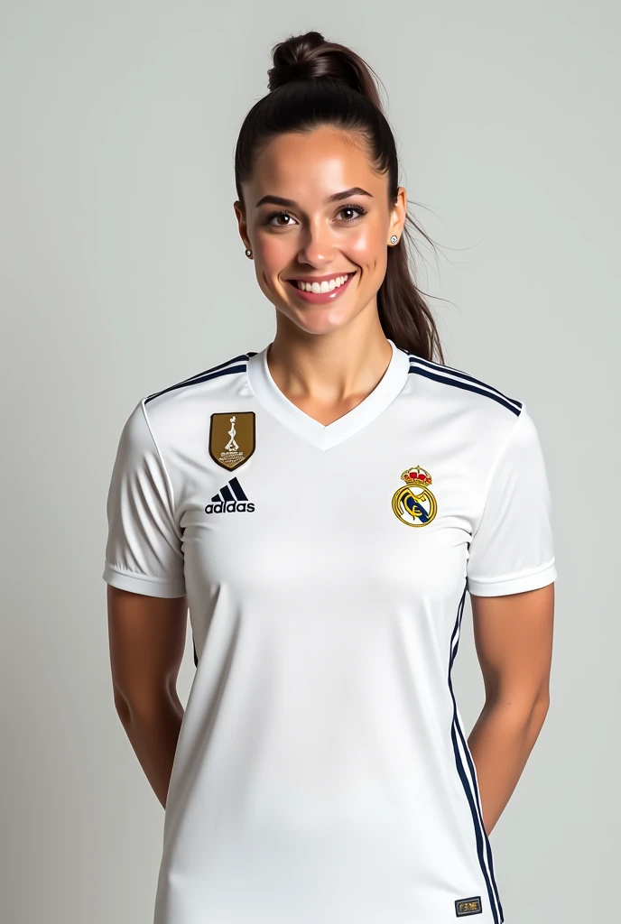 Gal Gadot posing and smiling in the animated Real Madrid uniform