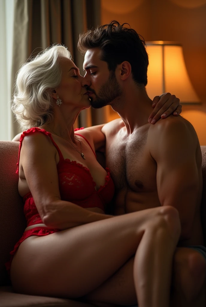 Sexy 80 years old busty woman wearing red lingerie kissing 25 years young handsome man, sofa , living room , romance, Full body 