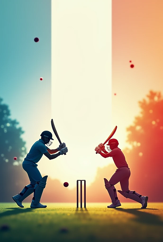I need a background for poster where on one edge a cricketer batting and on the other edge a cricketer bowling and on the third side a bowl and stumps which is kind of blurred background where a single colour is starting lighter from one side and getting darker on other....it should be in the ratio 9:16 and the cricters should be on the each opposite edges of the poster and they should be also blurred and the center should be plain with colour and each corners the objects should be and cricketers should be medium in size on each corners of the poster where center of the poster is plain and on one corner batter is batting and on the other corner the ball falls and stumps got scattered with red and black gradient