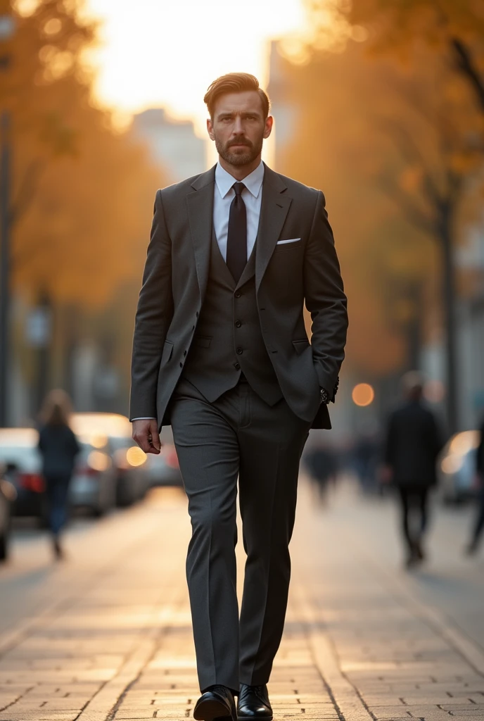 фото full length идущего по городу русского мужчины, Medium height, 35 years, black hair, Sports figure, broad shoulders, a neat stylish hairstyle, wide cheekbones, in a suit and scarf, in a worn-out brown suit, in a woolen suit, in a dark gray suit, formal suit, in a business suit, Grey trousers and black shoes, in a black and gray suit, in a business suit, in a business suit, warm autumn, Early autumn, Sunny weather, walking through the city, looks ahead, Stylish look, thoughtful look, full length, free pose, dynamic pose, solar lighting, daylight, black hair, blunt bangs, Serious, expressionless, atmospheric perspective, bokeh, f/1.8, 85mm, Nikon, depth of field, uhd, masterpiece, accurate, anatomically correct, textured skin, super detail, high details, high quality, highres, 4K
