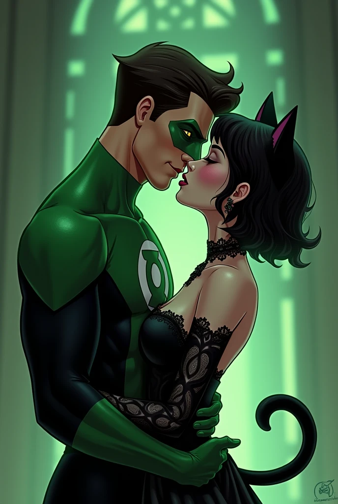 A woman kissing Hal Jordan ( Green Lantern ), The woman has short black hair down to her shoulders., with small black cat ears, yellow eyes with cat pupils, BLACK LIPS, busy gothic clothing, has a black cat tail, animated style 
