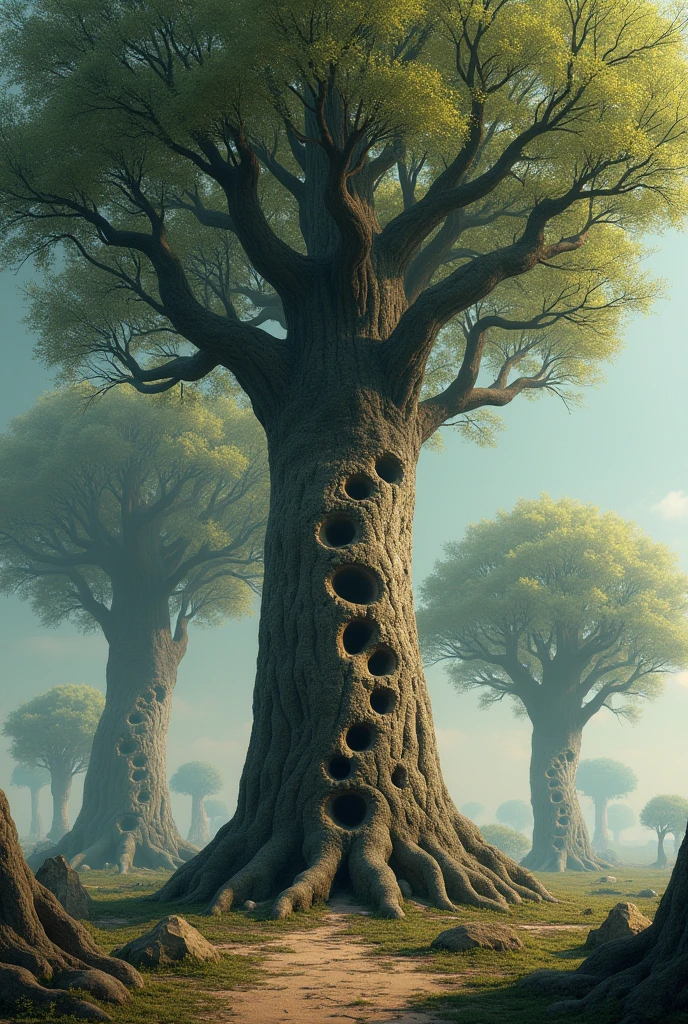 tree with circular spiral cracks next to another tree with cracks, another with straight cracks and another with triangular cracks