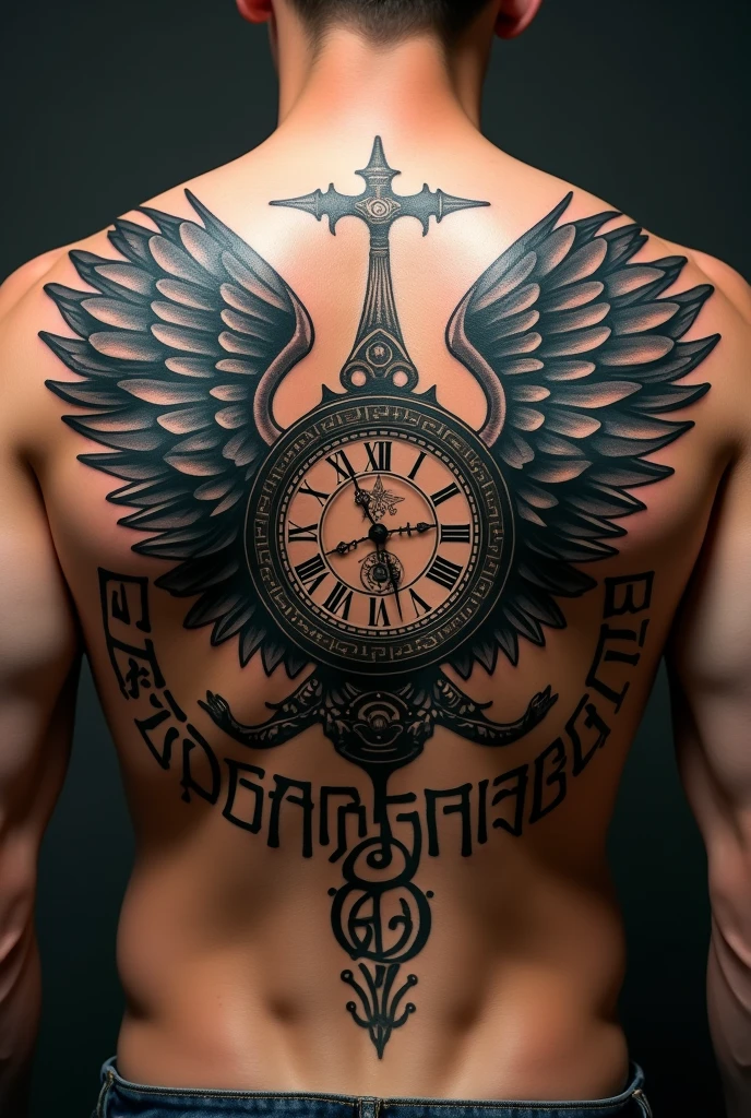 Small upper back wide Wing tatoo with clock, rune words for man