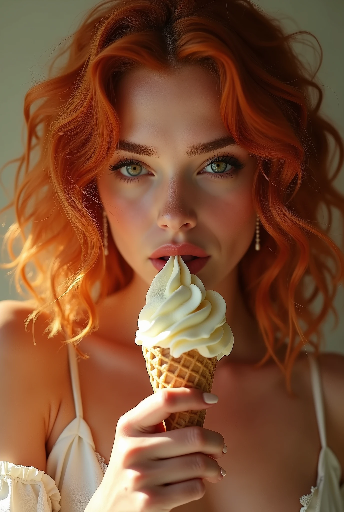 Une femme rousse sexy, au charme ensorcelant, déguste une glace avec une sensualité délibérée. Ses cheveux flamboyants, d'un rouge profond et brillant, encadrent son visage, tombant en mèches douces sur ses épaules. Elle est vêtue d'une tenue estivale, peut-être une robe légère qui met en valeur sa silhouette élancée et ses courbes naturelles. Elle tient la glace avec délicatesse, et son regard séduisant, se pose sur l'objet de son plaisir. D'une langue habile et délicate, elle lèche la glace, savourant chaque instant avec une lenteur étudiée. Ses lèvres pulpeuses capturent la crème glacée, laissant une trace subtile qui fond rapidement sous la chaleur de sa bouche. Ses yeux mi-clos et son sourire à peine esquissé trahissent le plaisir qu'elle prend à ce jeu, rendant la scène encore plus envoûtante. Autour d'elle, l'atmosphère est vibrante, chez elle par une journée ensoleillée, mais tout semble se concentrer sur ce moment intime et suggestif. Le contraste entre la fraîcheur de la glace et la chaleur de son attitude crée une tension délicieuse, rendant chaque geste de cette femme rousse irrésistiblement captivant.
