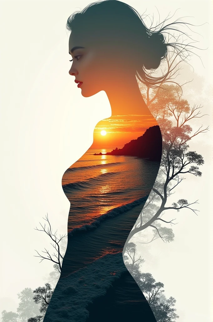 high qualiy, 8k Ultra HD, Uma linda Double exposure que combina uma silhueta de deusa com costa ao pôr do sol, the coast at sunset should serve as a backdrop, with its details incorporated into the goddess, Sharp lines, The background is monochromatic, sharp focus, Double exposure, By Yukisakura, stunning full colors.