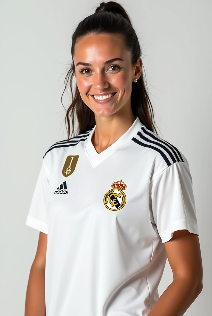 Gal Gadot posing and smiling in the animated Real Madrid uniform