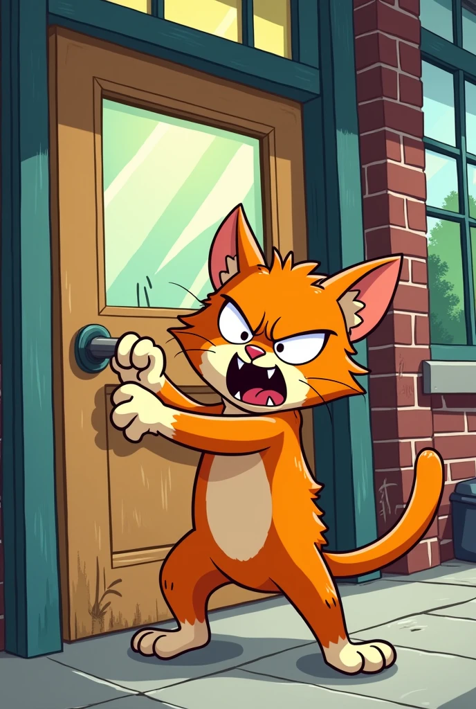 (cartoon style) angry cat aggressively trying to open a school door